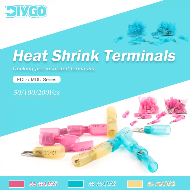 

50/100/200Pcs MDD/FDD Male Female Heat Shrink Crimp Docking Spade Splice Terminal Insulated Butt Electrical Cable Wire Connector