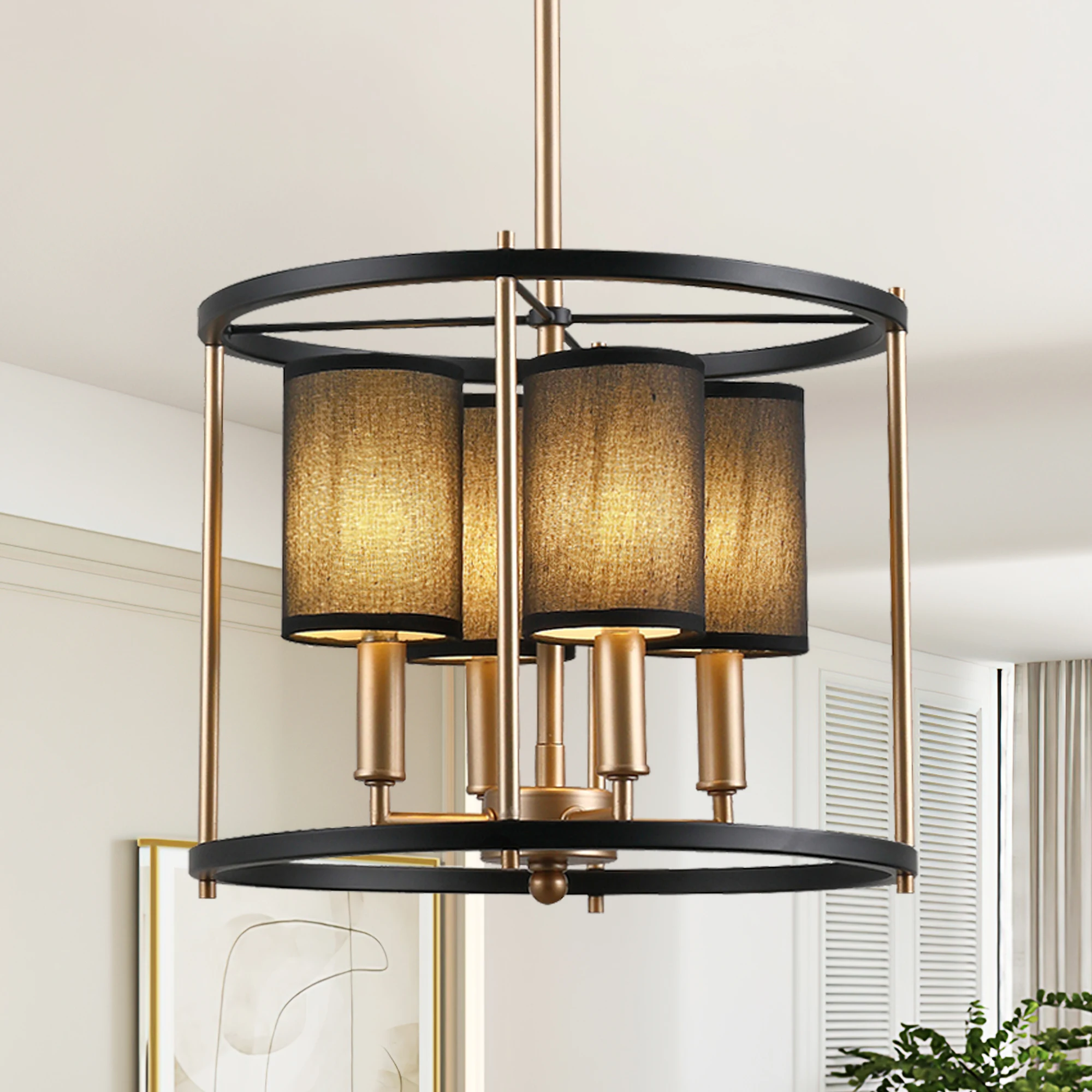 Farmhouse Chandeliers for Dining Room Gold Liner Chandelier with Fabric Shades Rectangles Lighting Over Kitchen Table