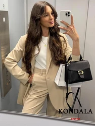 KONDALA Office Lady Solid Beige Oversized Long Blazer Women V Neck Pockets Fashion 2022 Jackets Female Elegant Mujer Outwears