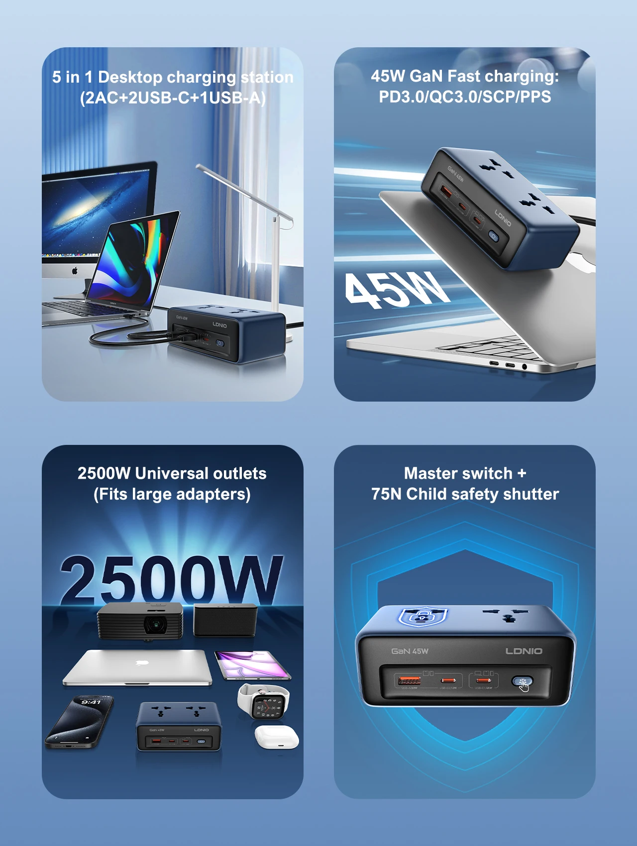 LDNIO شاحن سريع مكعب قطاع الطاقة 2 متر تمديد كهربائي سلك الطاقة 45 واط نوع C محطة شحن الولايات المتحدة المملكة المتحدة الاتحاد الأوروبي Kr Usb محول القابس