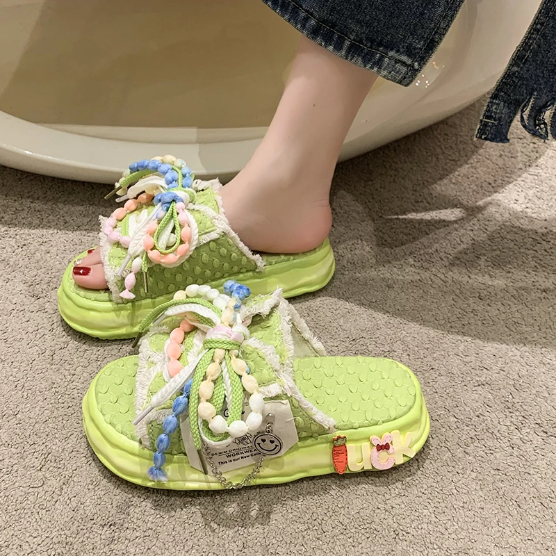 Summer Ladies Slippers Lace-up Canvas Women Shoes Graffiti Hip-Hop Sandals Sweat-absorbing Flat Shoes Purple Women Slippers