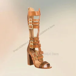 Brown Hollow Knitted Design Buckle Decor Sandals Boots Back Zipper Women Shoes Chunky High Heels Novel 2023 Zapatos Para Mujere