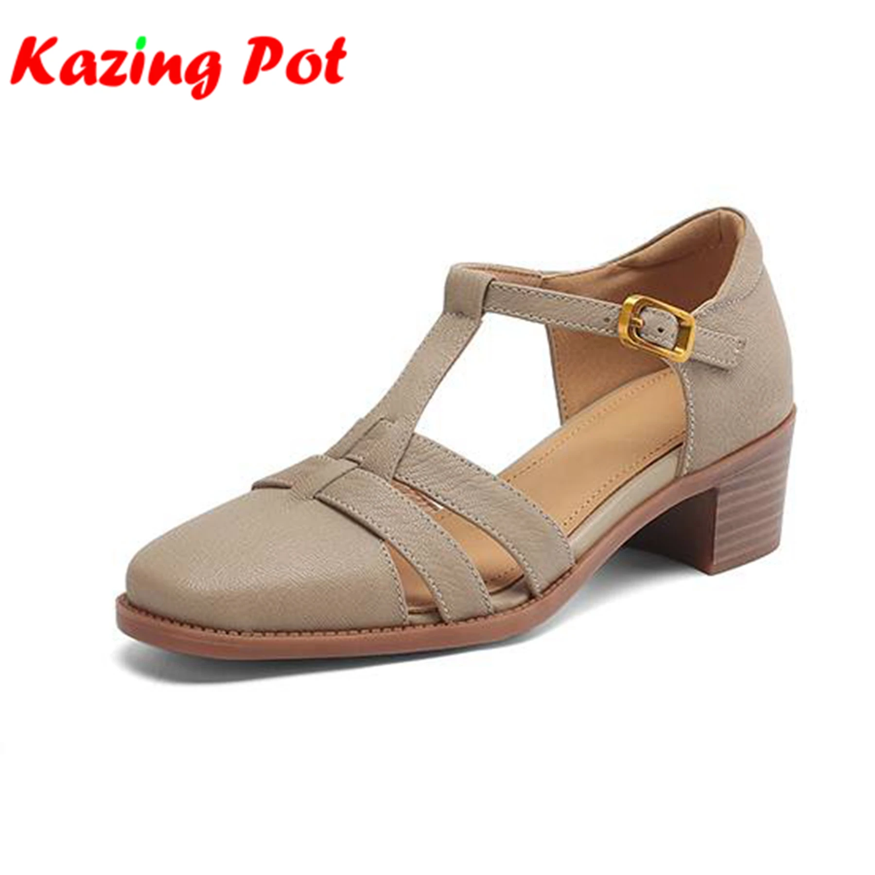 

Krazing Pot, новая летняя осенняя обувь из овчины с круглым носком, размер 42, базовый дизайн одежды, женские туфли-лодочки на среднем каблуке с пряжкой и ремешками