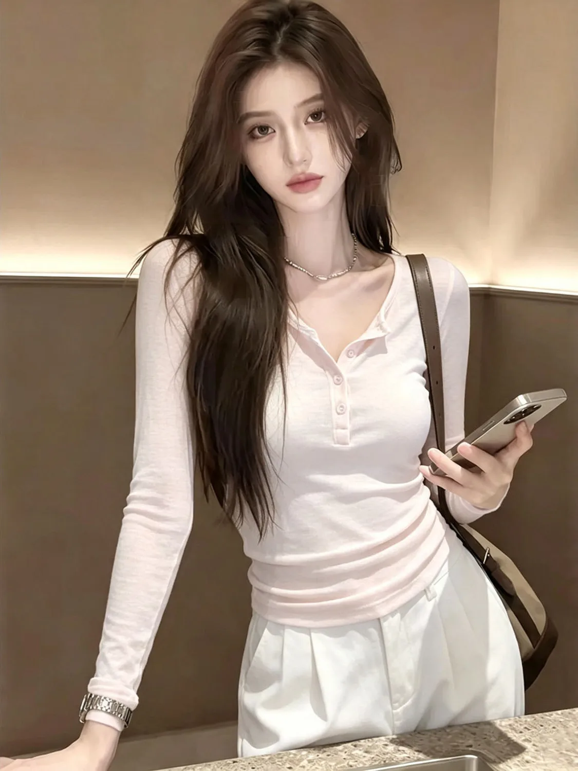 Early Autumn Pink Long Sleeve T-Shirt Henry Button Half Open V-Neck Slim Fit Elastic Weight Loss Pure Desire Basic Inner Wear...