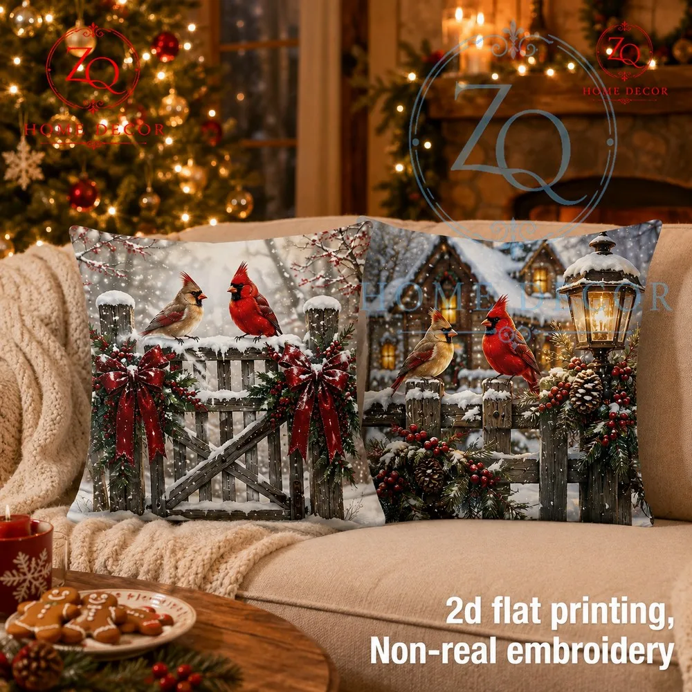 Snowy Night Fence Red Sparrow Christmas Pillowcase warm wintery decorion paired with a red bow  pine branches