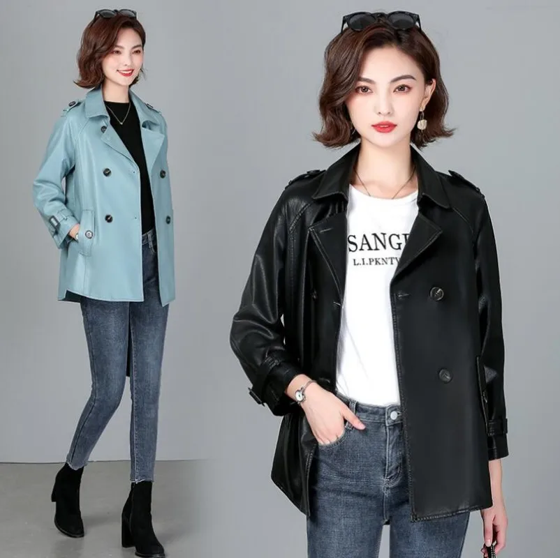 Women Genuine Leather Turn-down Collar Trench Coats Double Breasted Outfit Autumn Wome Moto Biker Female Sheep Leather Jacket