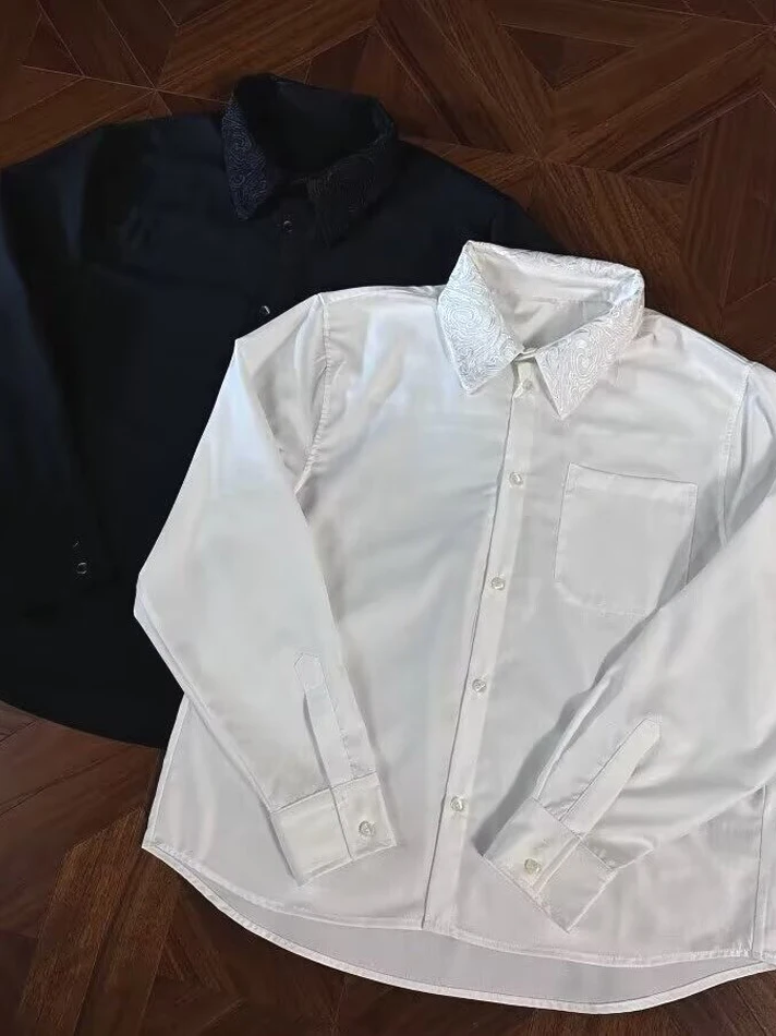 

Elegant Long Sleeve Embroidered Flower Collar Shirt Men's Traditional Tailoring Mother-of-Pearl Button Eternal Flower Trendy ...
