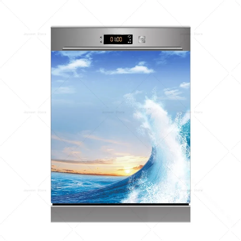 Ocean Wave Shark Dishwasher Stickers Waterproof Self-Adhesive Doors Decals Coastal Sea Landscape Wrap for Kitchen Home Decor view 4