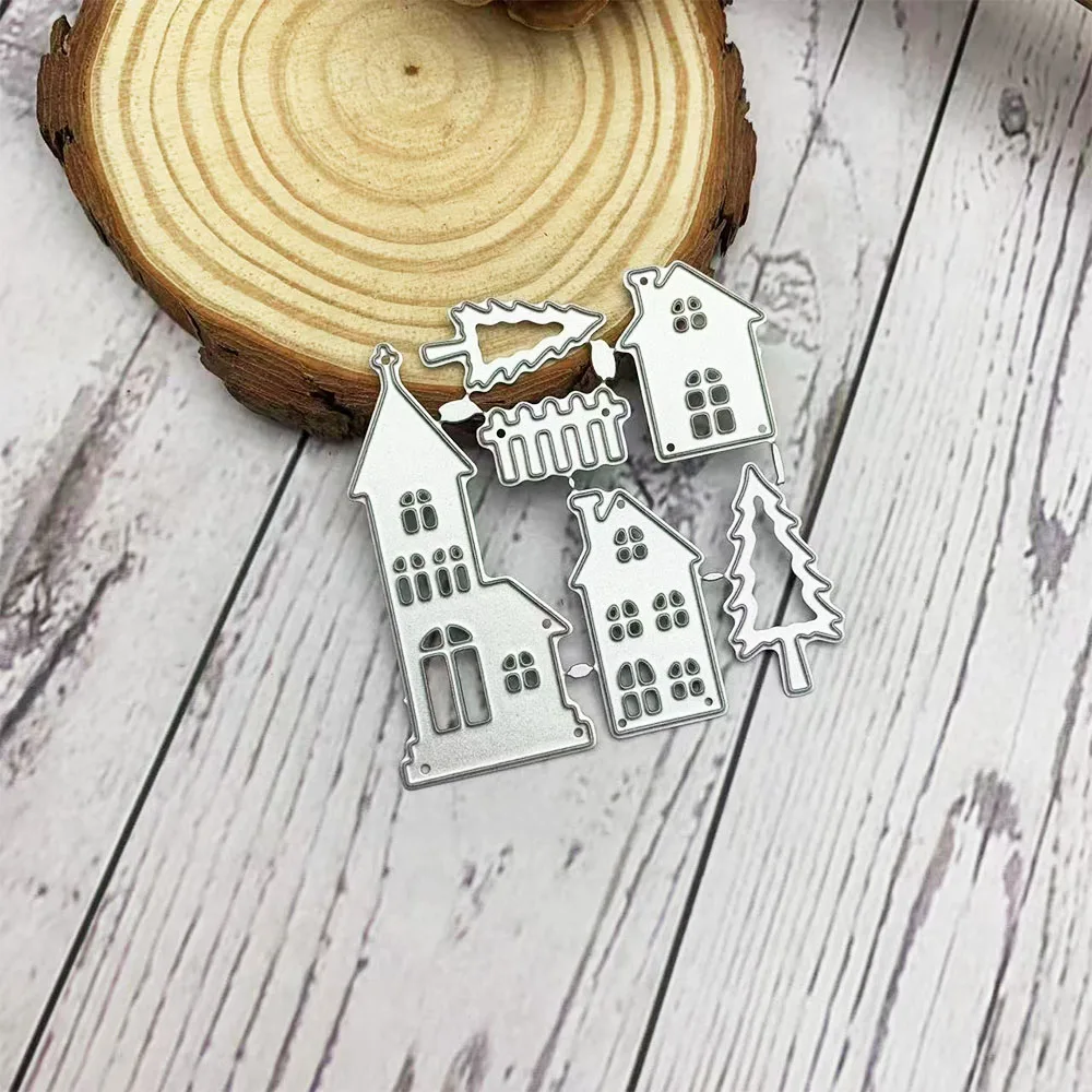 Winterhaus-Kirche-Kiefer-Zaun-Kombination Metall-Stanzformen DIY Weihnachtsdorf-Szene Scrapbooking Kartenherstellung Prägung Basteln