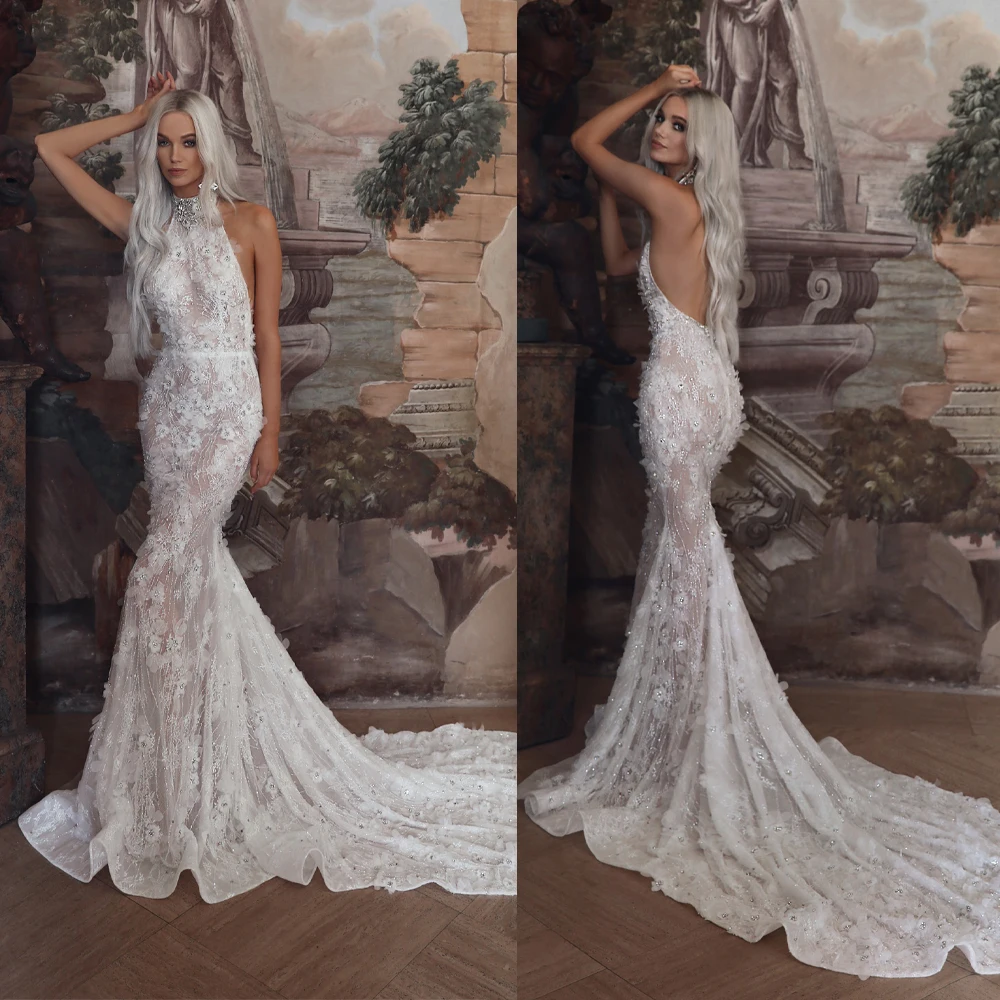 

Gorgeous Mermaid Wedding Dress 2025 Sexy Halter Sweep Train Backless Rhinestone Beading 3D Flowers Bridal Gowns Customized