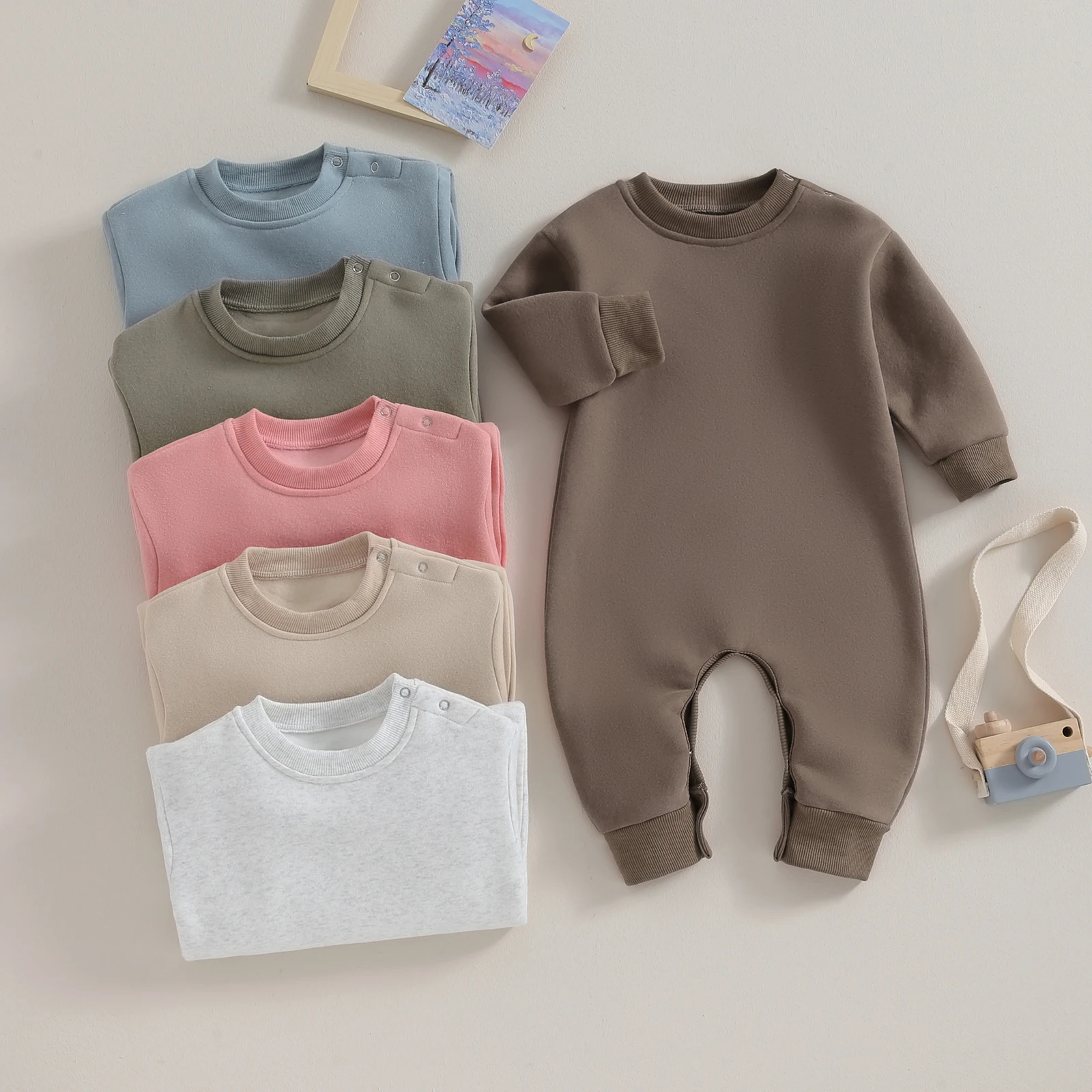 Pudcoco Toddler Baby Girls Boys Sweatshirt Romper Solid Color Fleece Long Sleeve Jumpsuit for Newborn Cute Clothes 0-18M