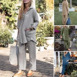 Two Piece Set Women Muslim Blouse Wide Leg Pants Suit Ramadan Morocco Dubai Islam Casual Ensemble Femme Musulmane Arabic Outfits