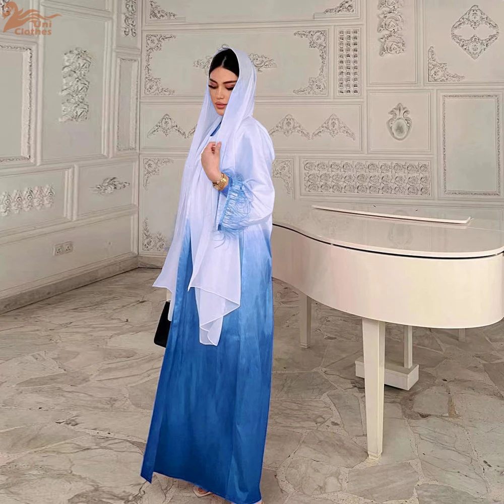 

Uni Two Pieces Abaya Set for Women Malaysia Dubai Solid Gradient Fashion Feather Patchwork Kimono Abaya and Vest Dress Eid
