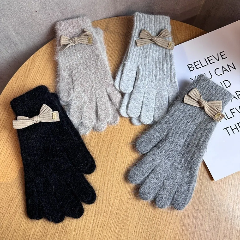 New Bowknot Winter Knitted Gloves Elastic Warm Touch Screen Gloves Thickened Two-Finger Cycling Gloves Women