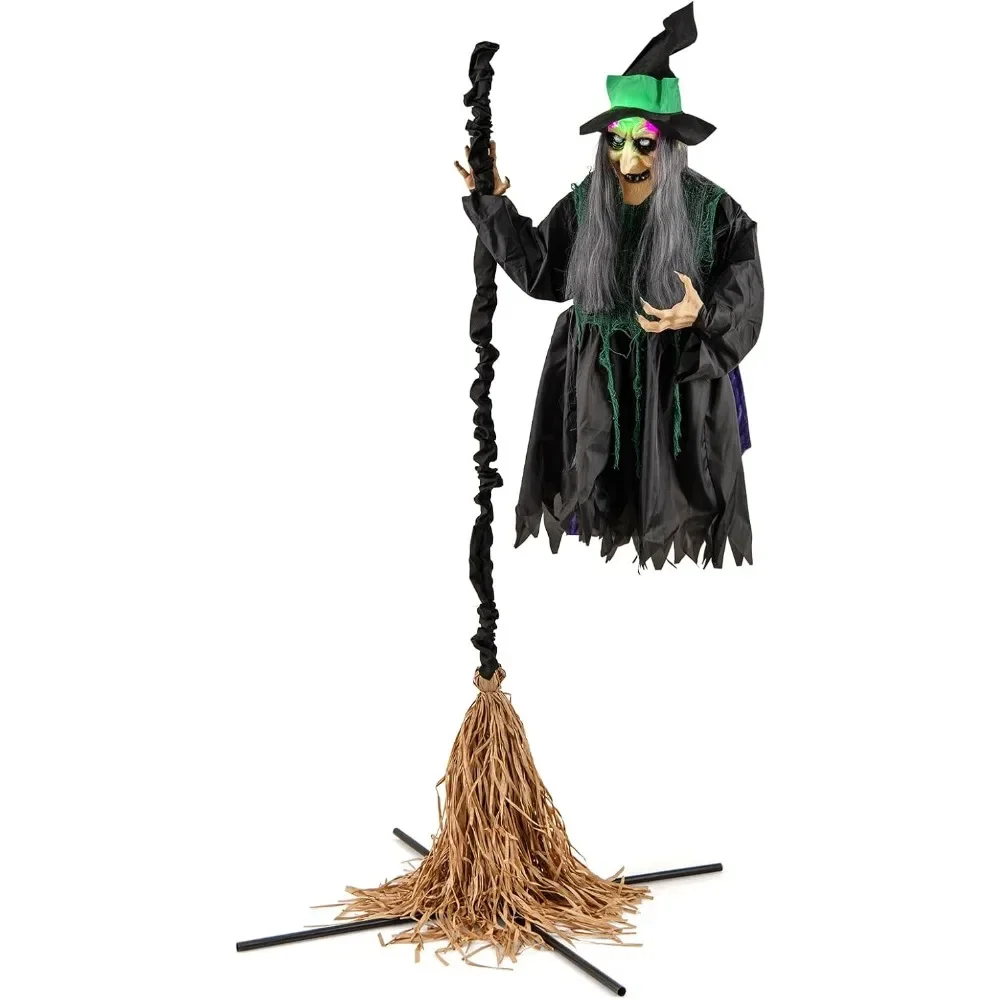 

7 FT Halloween Standing Animated Witch on Broom, Outdoor Indoor Animatronic Halloween Prop with LED Lights, Laughing