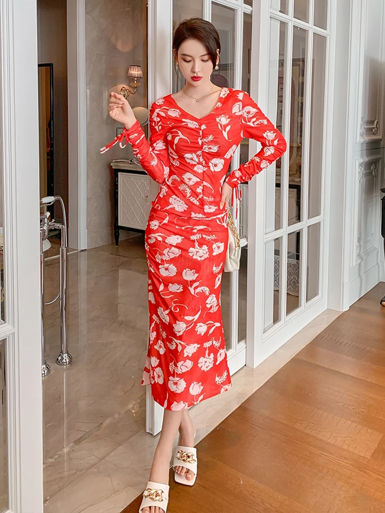 

Fashion Korean Style Women Vintage Elegant Drawstring Floral V-Neck Folds Tops Shirt Blouse High Waist Skirt Female 2 Pieces Set