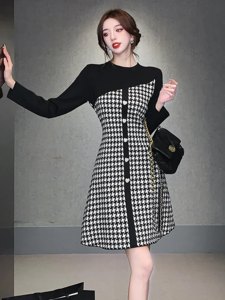 

Women Knitted Dress Double Breasted Swallow Gird Dress Urban Ladies Casual French Slim Fit Plaid Above O-neck Long Sleeves Dress