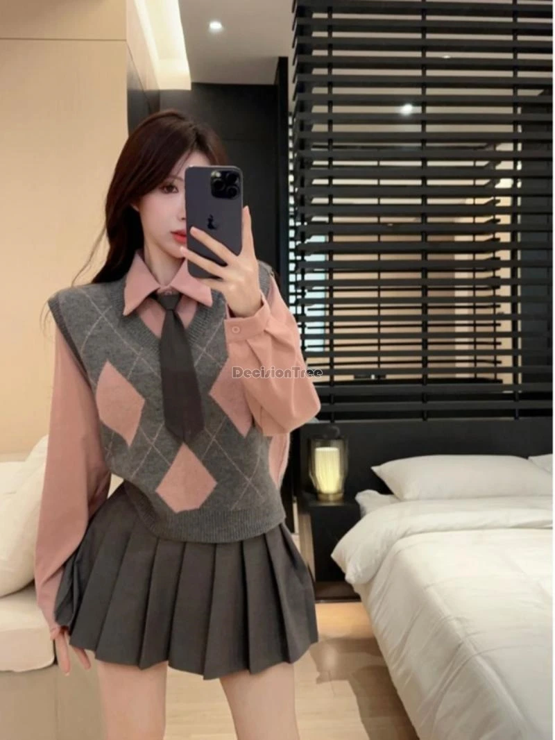 2024 fashion daily uniform preppy three piece jk set women winter pink shirt top v-neck sleeveless knit vest pleated skirt b105