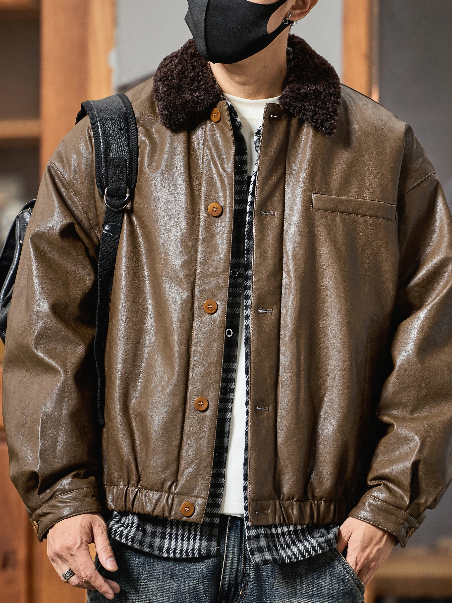 

American Retro Thiened PU Leather Jaet Men's Loose Winter Cotton Coat Motorcycle Pilot Jaet Youth Casual Long Sve