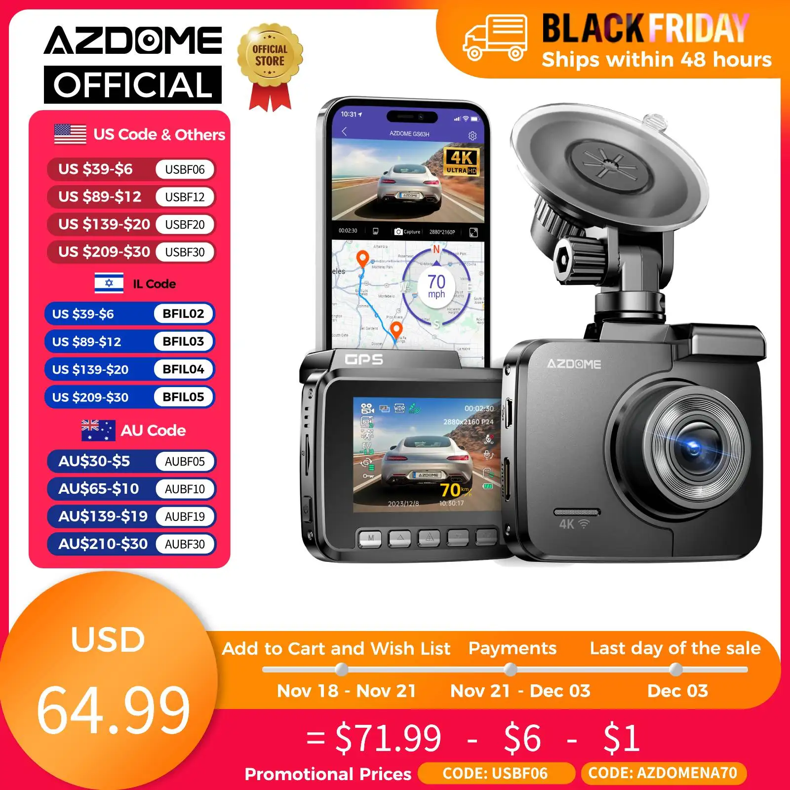 AZDOME 4K Dash Cam GS63H WDR 2.4