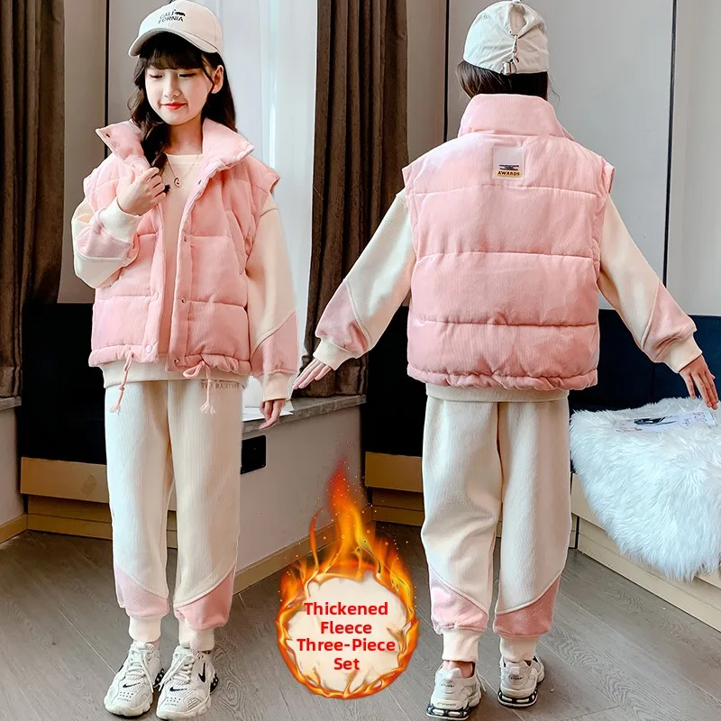 Conjunto de camiseta y chaleco con forro de Fce para niña, conjunto de ropa para niño coreano a la moda para otoño e invierno