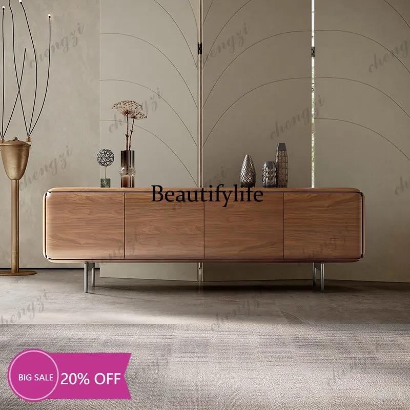 02A Italian retro solid wood TV cabinet walnut color locker household living room floor cabinet