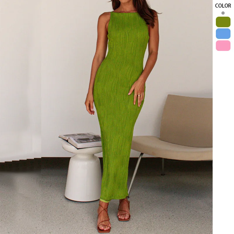 

2025 Spring and Summer European and American Clothing Backless Water Ripple Sleeveless Sexy Dress Slim Fit Hip Skirt Woman