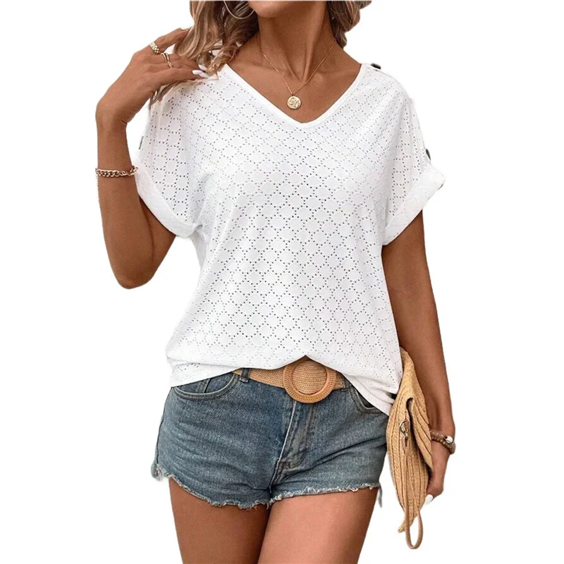 

Женская футболка с вышивкой и люверсами, женская летняя повседневная футболка с v-образным вырезом, модная свободная блузка-A55G