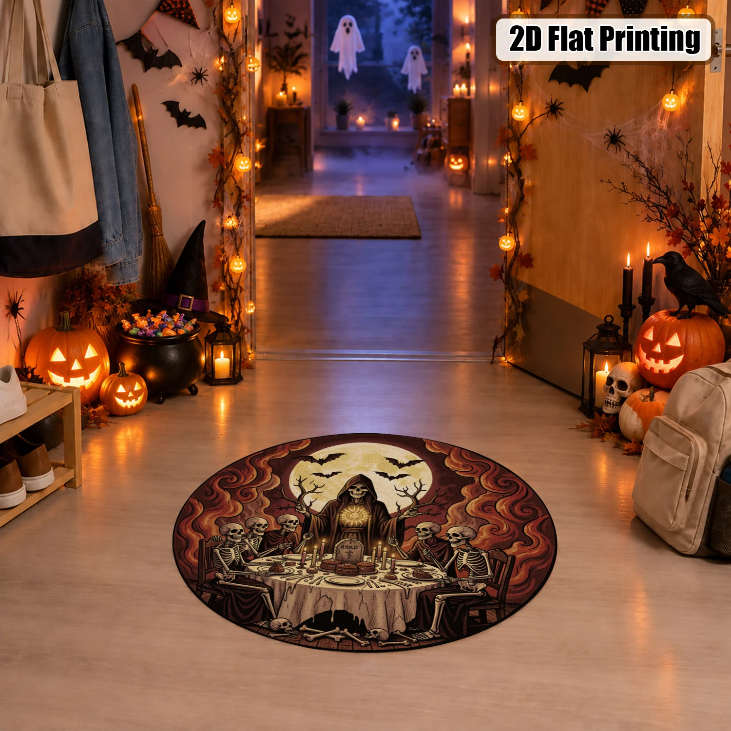 Halloween Skeleton Grim Reaper Bat Full Moon Round Velvet Decorative Mat Machine Washable Living Room Dining Room Entryway Thanksgiving Christmas New Year Black Friday Cyber Monday