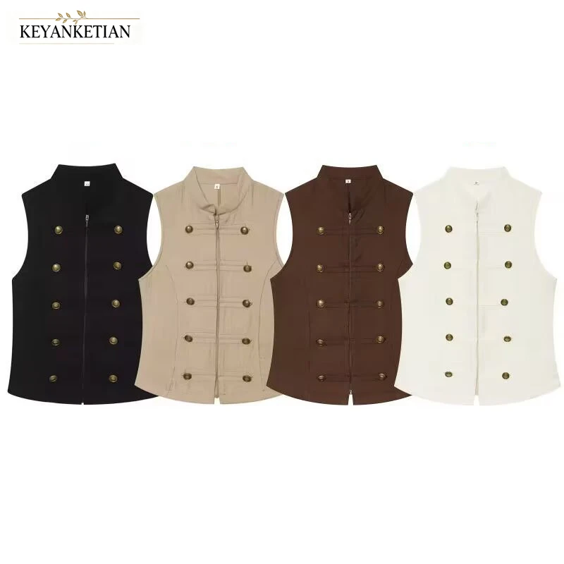 KEYANKETIAN 2026 Stand Collar Sleeveless Waistcoat Double Breasted Bronze Button Front Zip Slim Casual Vintage Layering Vest Top