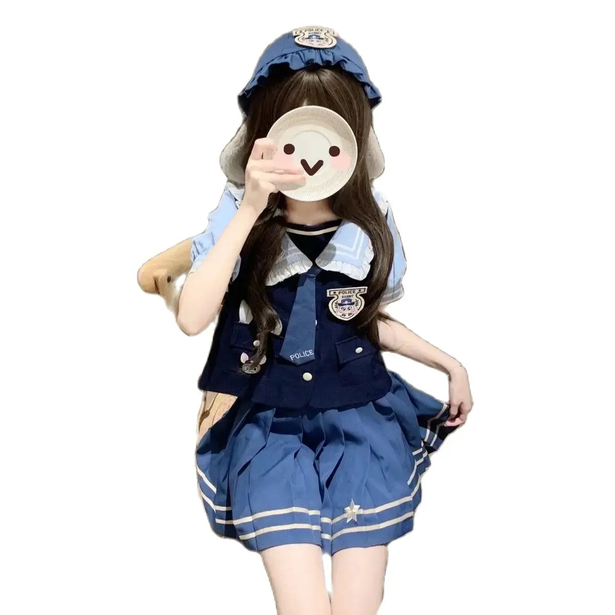 Japan JK Uniform Skirt Set Lolita Contrast Color Navy Collar Ruffle Shirt High Waist Pleated Skirt Two Piece Sets Women Outfits