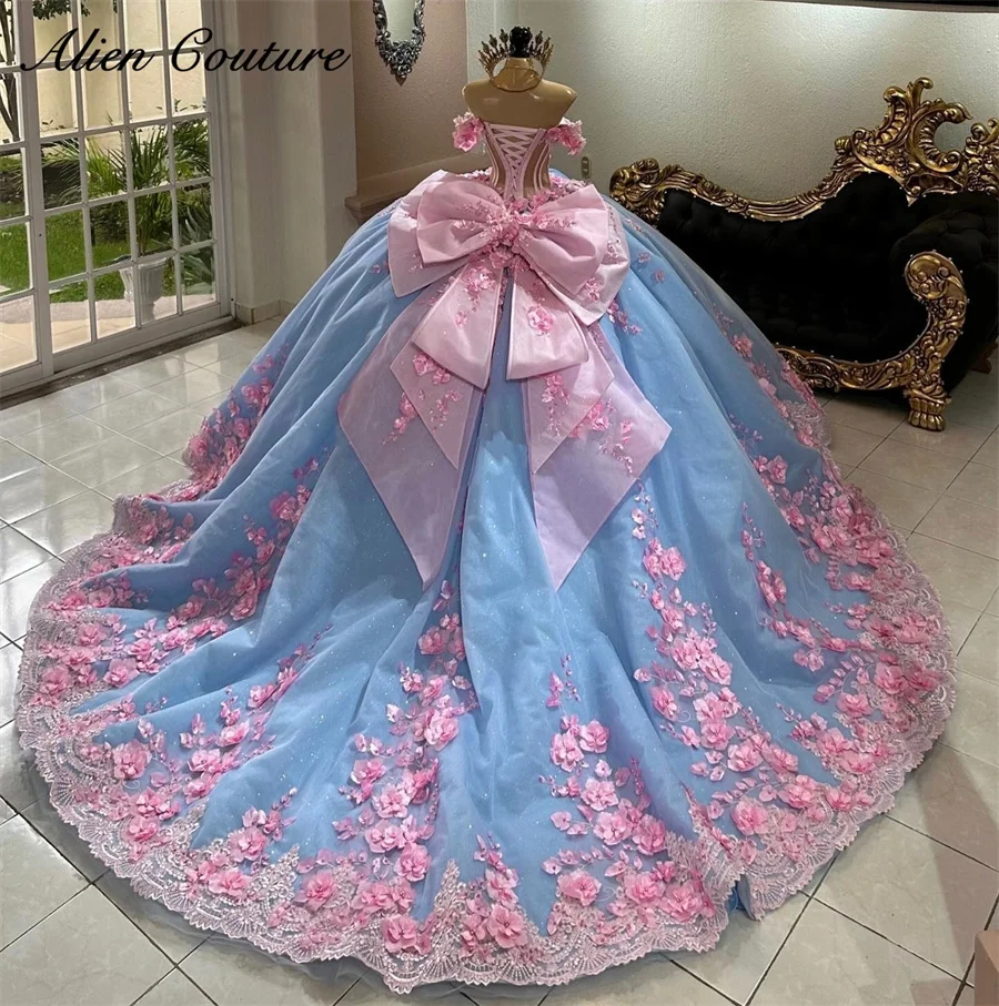 

Luxury Blue Flowers Princess Quinceanera Dress Beads Crystal 3D Flowers Appliques Sweet 16 Dress Vestido De 15 Años Customized