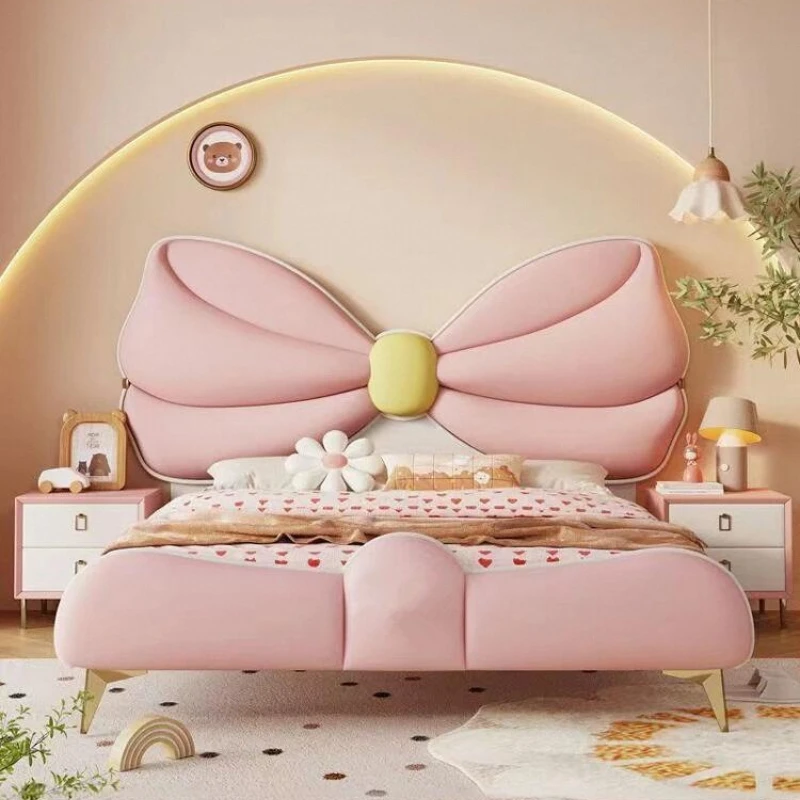 Bow Princess Bed Pink Leather Bed 1.35 Modern Simple Light Luxury Girls Bedroom Teen Girl Children's Bed