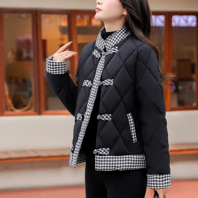 Women's Short Down Cotton Jacket 2026 Autumn Winter Coat New Diamond Grid New Chinese Style Cold Protection Overcoat Parker