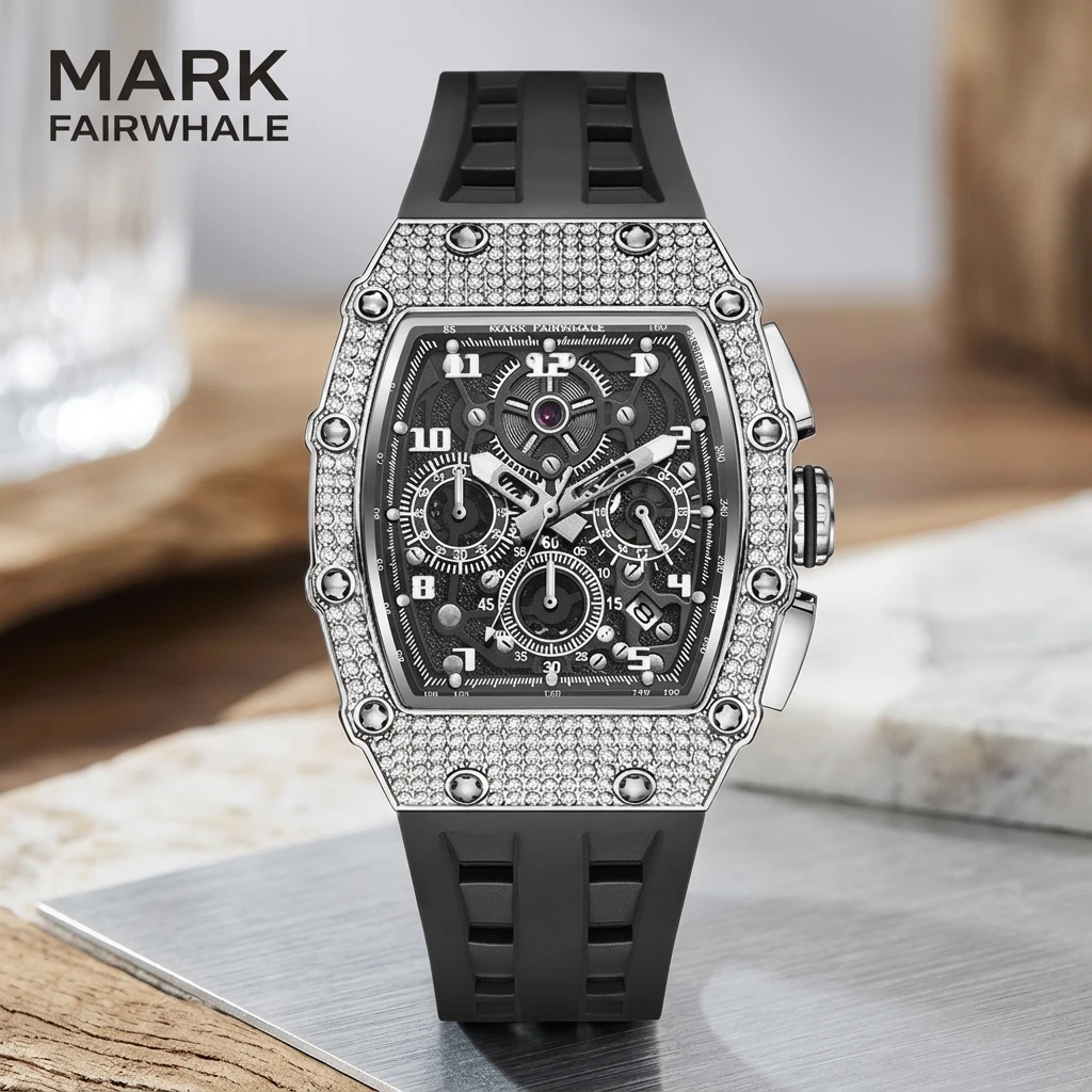 Mark Fairwhale Luxury Quartz Watch Tonneau Case Diamond Setting Chronograph Silicone Strap Men Sport Wristwatch