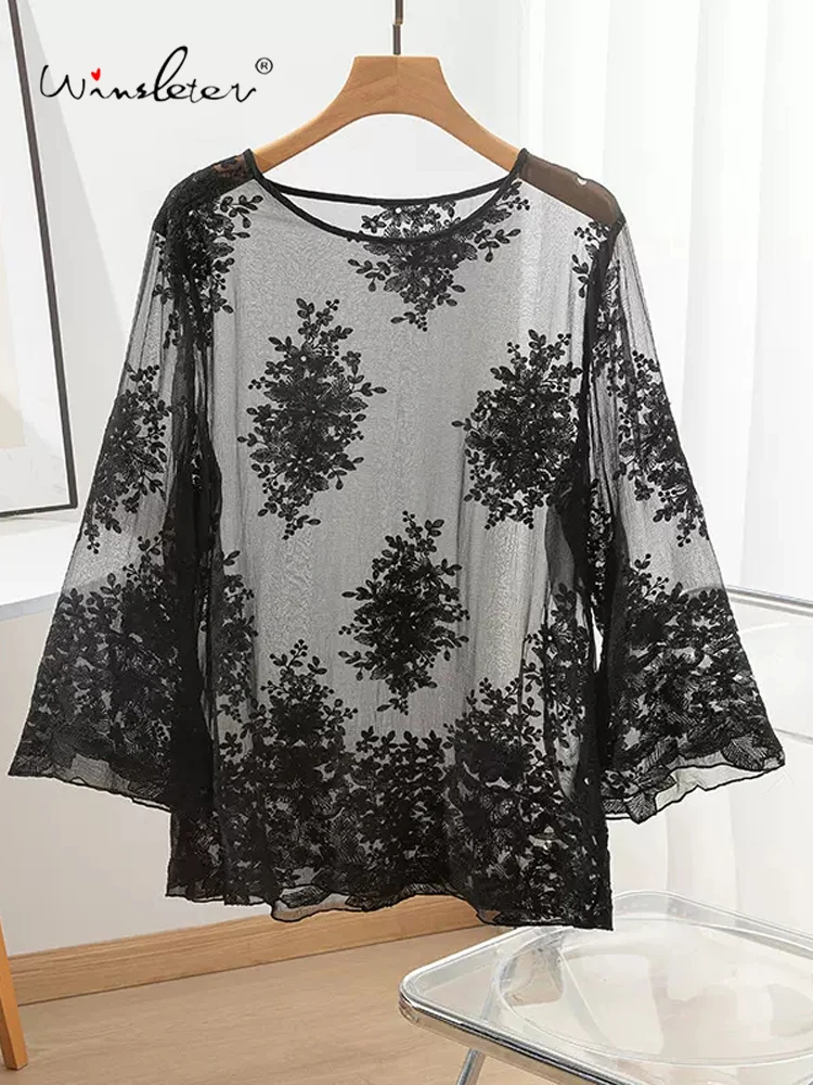 

Winsleter,100%Real Silk Elegant T-Shirt, Woman Long Sleeve Embroidery, Retro Loose Sunscreen Tops, 2024 Summer Autumn T48739QC