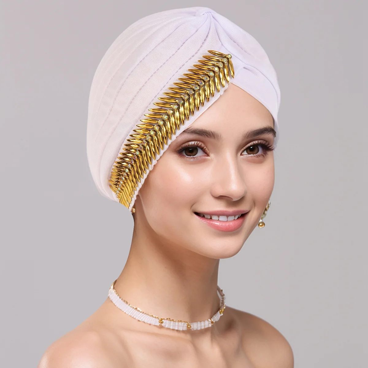 New Women Rhinestone Pleated Turban Cap Ethnic Indian Hat Vintage Non Slip Head Band Chemo Cap Beanies African Hair Accessories