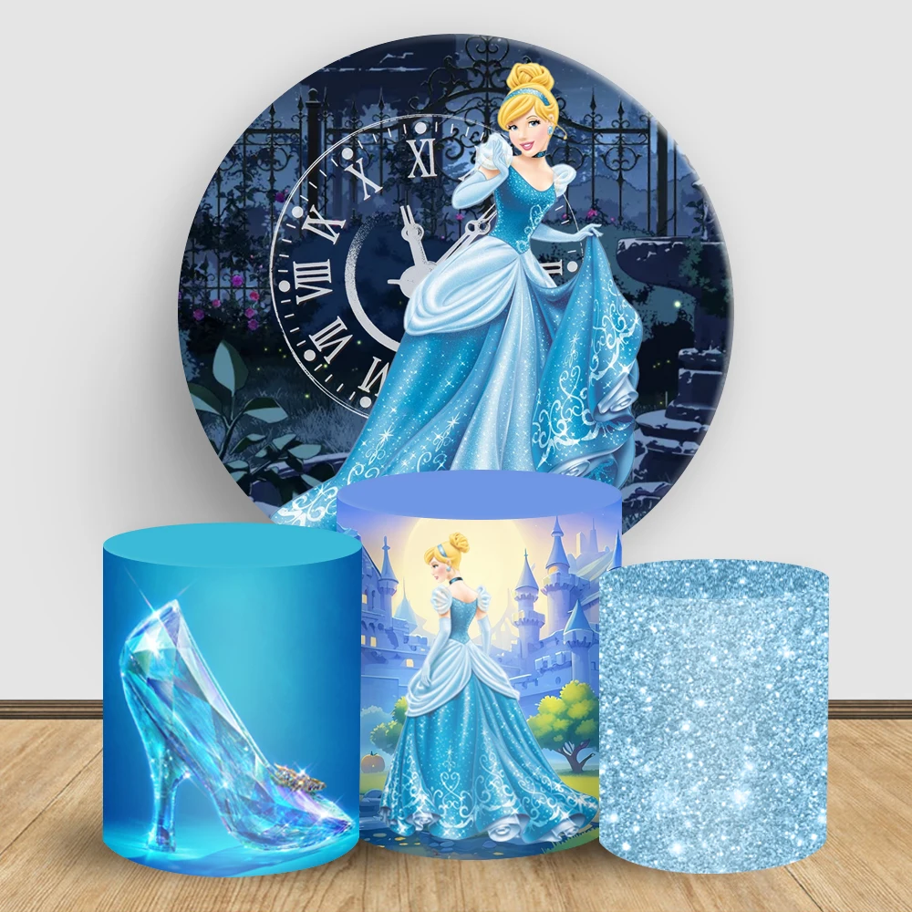 

Disney Cinderella Glass Slipper Theme Circle Round Background Cover and Cylinder Covers for Birthday Party Backdrop Decoration