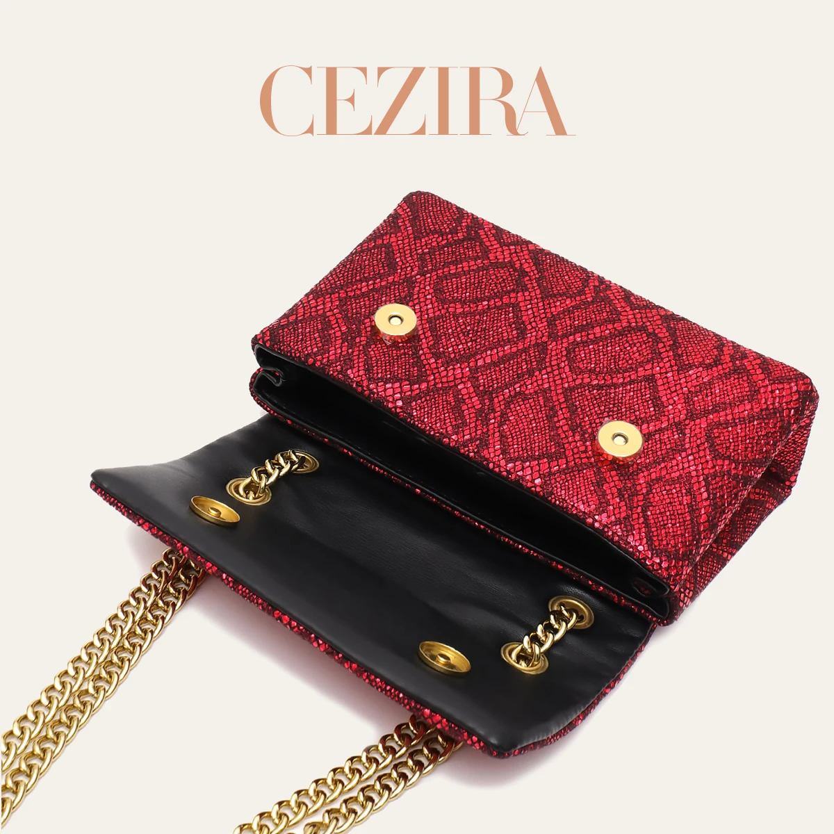 CR Luxury Women Glossy Snakeskin Print Square Crossbody Bag Houndstooth Splicing Metal Chain Flap Shoulder Purse Perfect Gift