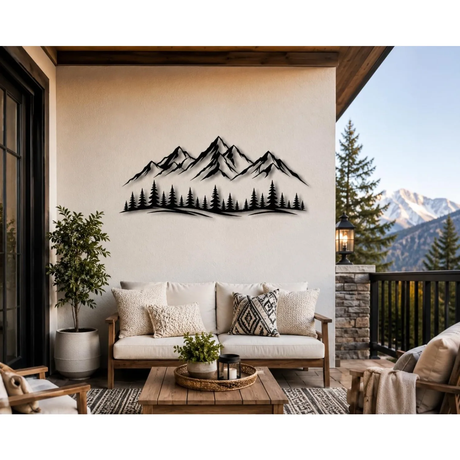 Mountain Range Metal Wall Art, Pine Forest Silhouette Sculpture Mural, Weather‑Resistant Nature‑Inspired Iron Deco