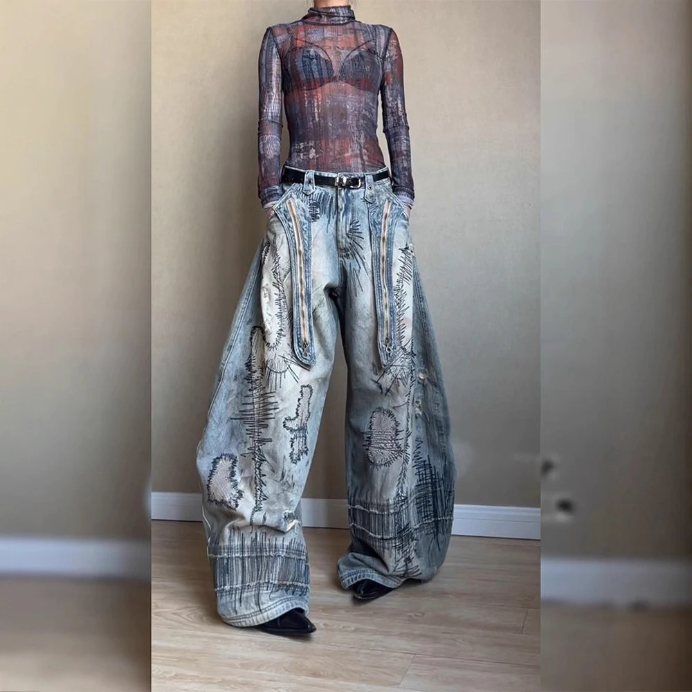 

Men's Embroidered Denim Trousers American Retro Fashion Trend Street Hip-Hop Loose Breathable Niche Summer New Men's Bottoms