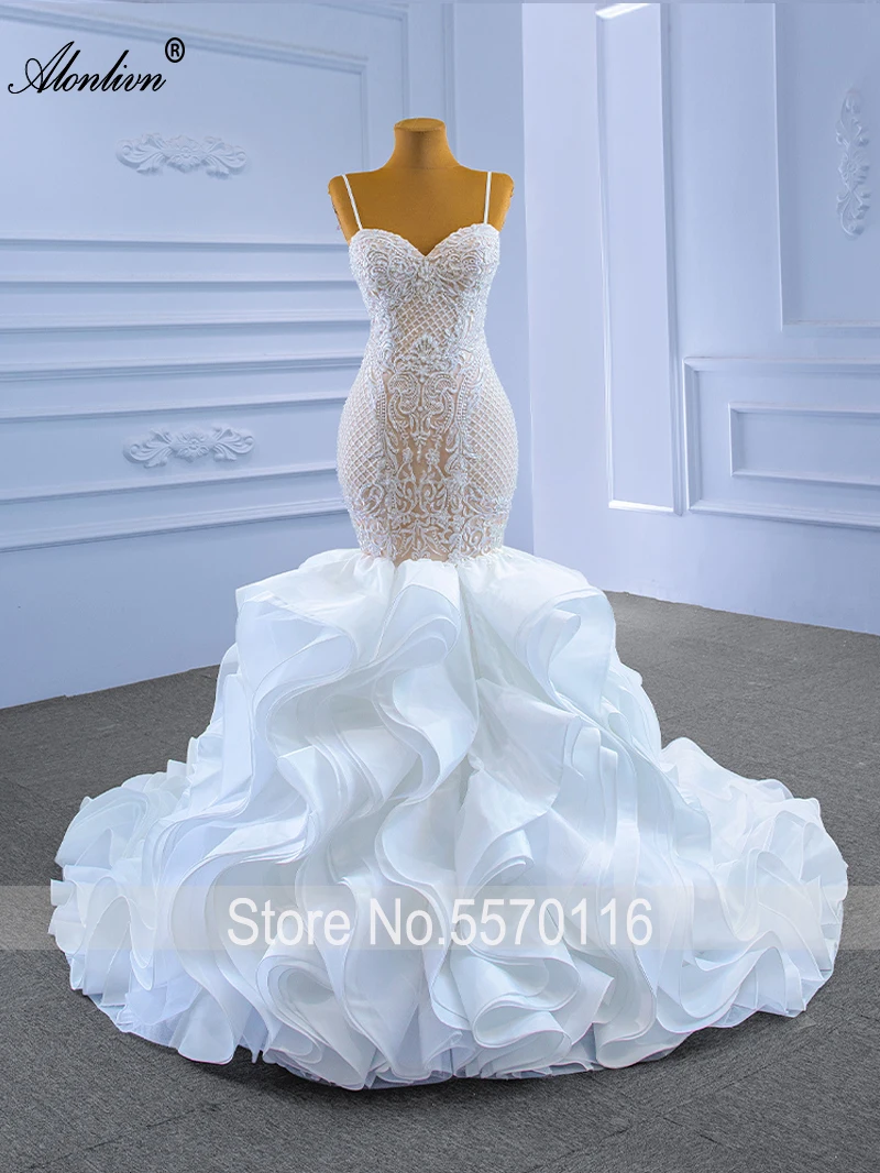Alonlivn Custom Made Real Photo Mermaid Wedding Gowns Beading Pearls Appliques Tiered Ruffled Train Sweetheart Bridal Dresses