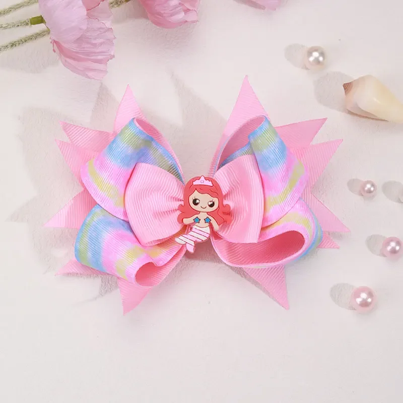 Sweet Pink Mermaid Hair Bow Clips Fashion Barrettes Headwear Boutique Ribbon Print Hairpins Kids Hair Ornament Accessory