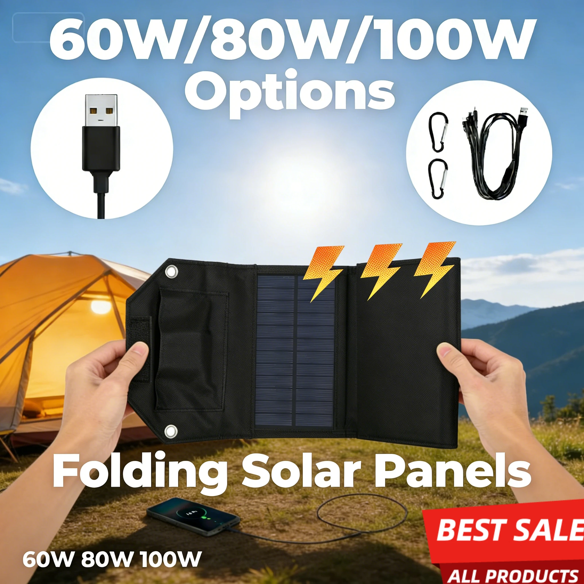 Cargador Solar Plegable Alta Potencia USB para Acampar y Senderismo - imagen 2