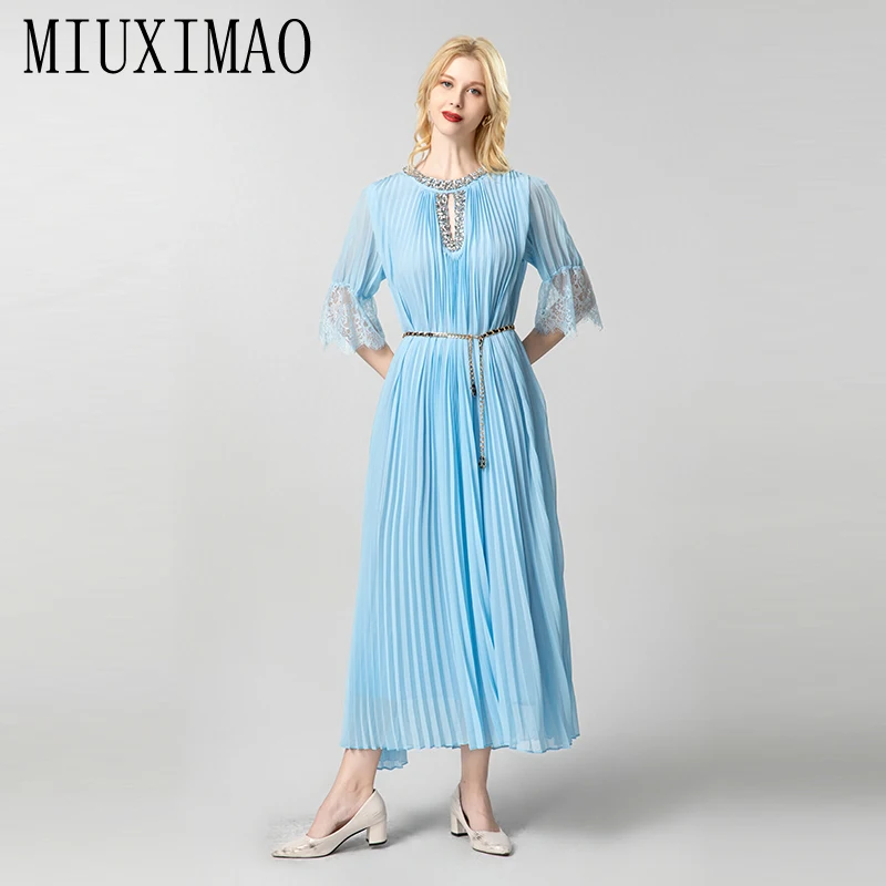 

MIUXIMAO 2025 Summer Elegant Dress Women's O-Neck Short sleeve Travel Ruffles Loose Diamonds Long Dress Women Vestides Belt