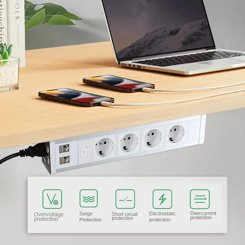 Hanging Table Hidden Socket US UK AU EU Universal 4 Outlets 2 LAN 2800W AC110~250V with Switch Alloy Furniture Desktop Sockets