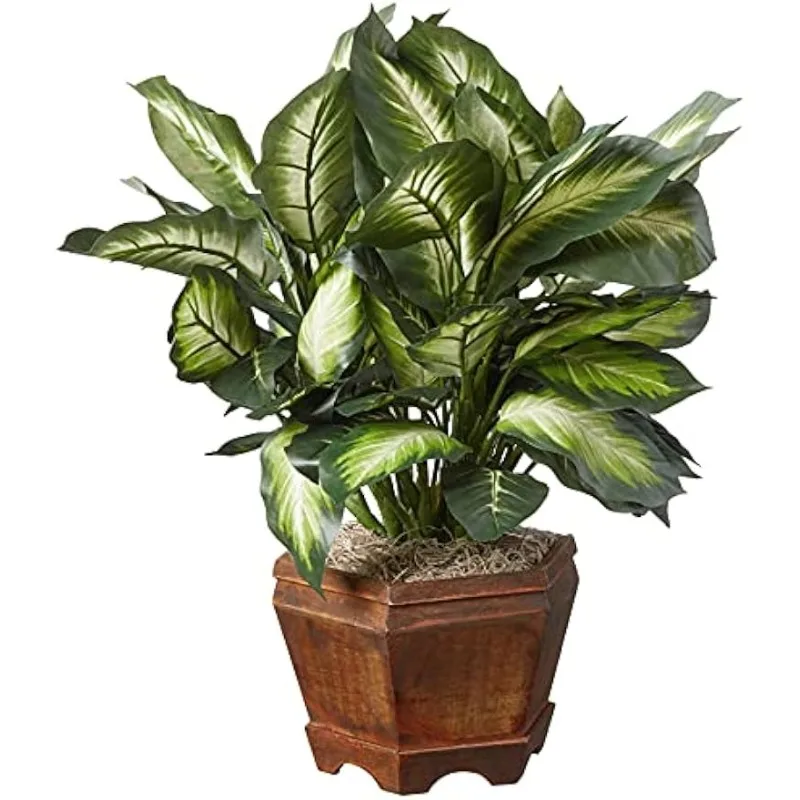 22IN Artificial Triple Golden Dieffenbachia Plant with Decorative Wood Planter, Faux Plant for Indoor Home Décor