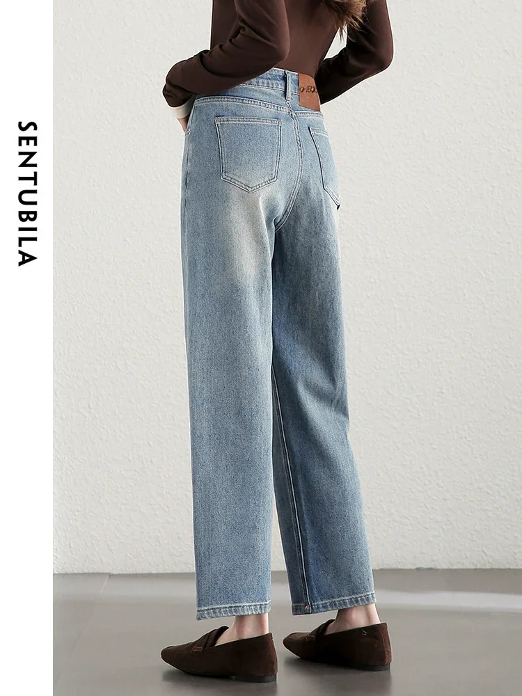 SENTUBILA Retro Cotton Washed Jeans for Women 2024 Fall High-waisted Casual Straight Leather Label Comfort Pants W43N56515