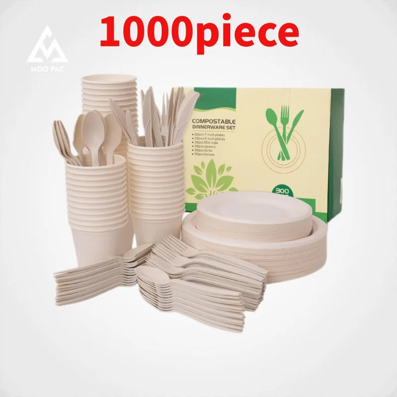 10 00piece.Custom.Eco Friendly Bio-degradable Sugarcane Bagasse Paper Plates Sets Food Container Set Disposable Dinnerware Sets