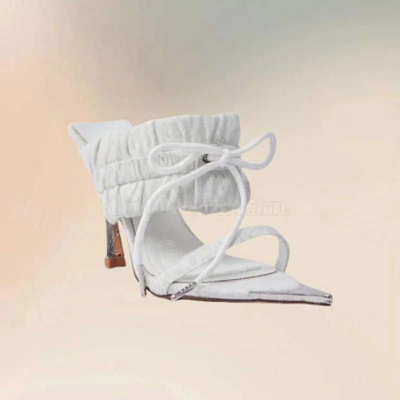

White Pleated Design Strappy Bow Knot Slippers Slip On Women Shoes Thin High Heels Open Toe Party Feast 2025 Zapatos Para Mujere